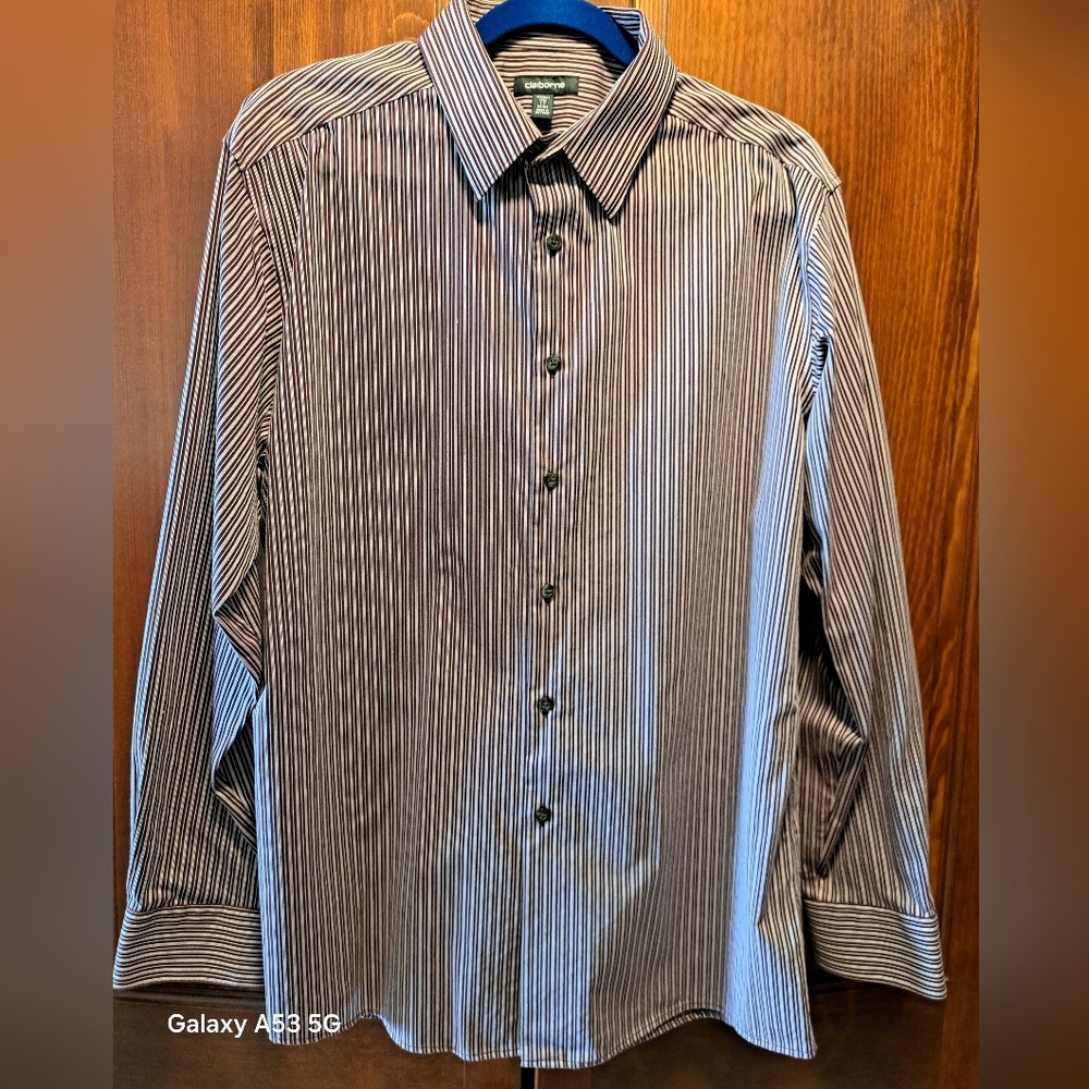 Claiborne Maroon And White Vertical Stripe Dress Shirt